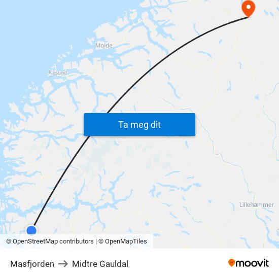 Masfjorden to Midtre Gauldal map