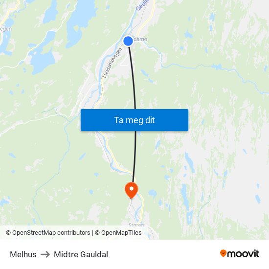 Melhus to Midtre Gauldal map