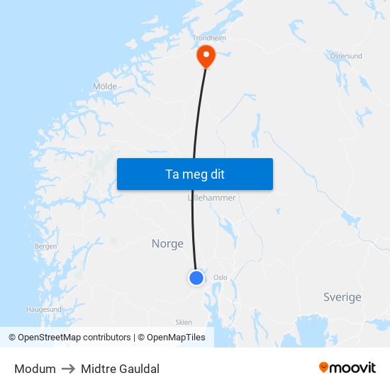 Modum to Midtre Gauldal map