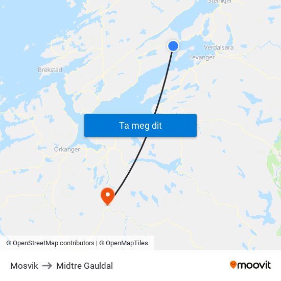 Mosvik to Midtre Gauldal map