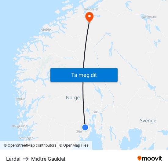 Lardal to Midtre Gauldal map