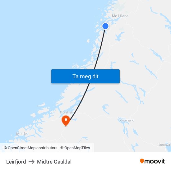 Leirfjord to Midtre Gauldal map