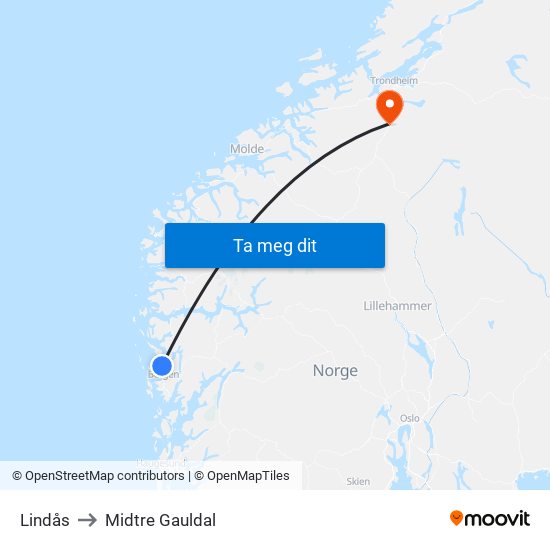 Lindås to Midtre Gauldal map