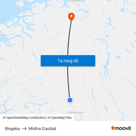 Ringebu to Midtre Gauldal map