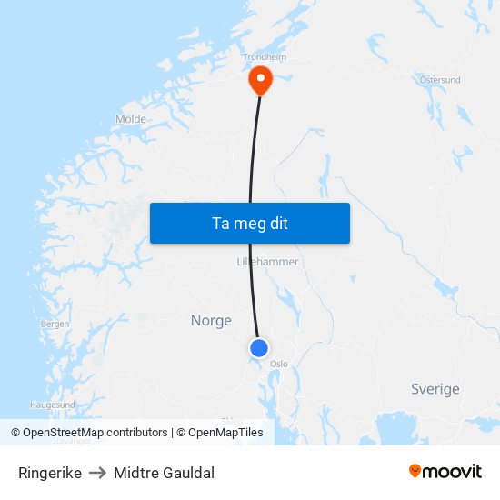 Ringerike to Midtre Gauldal map