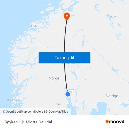 Røyken to Midtre Gauldal map