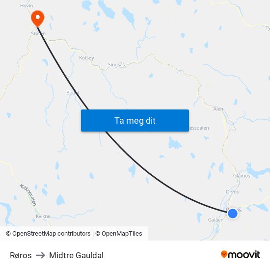 Røros to Midtre Gauldal map