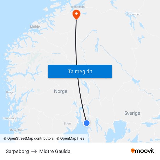 Sarpsborg to Midtre Gauldal map