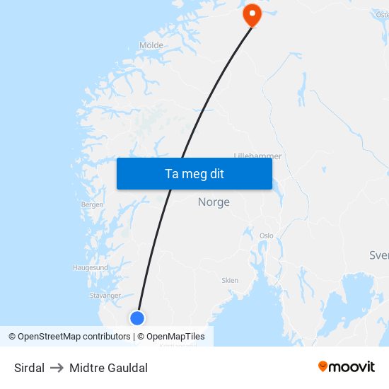 Sirdal to Midtre Gauldal map