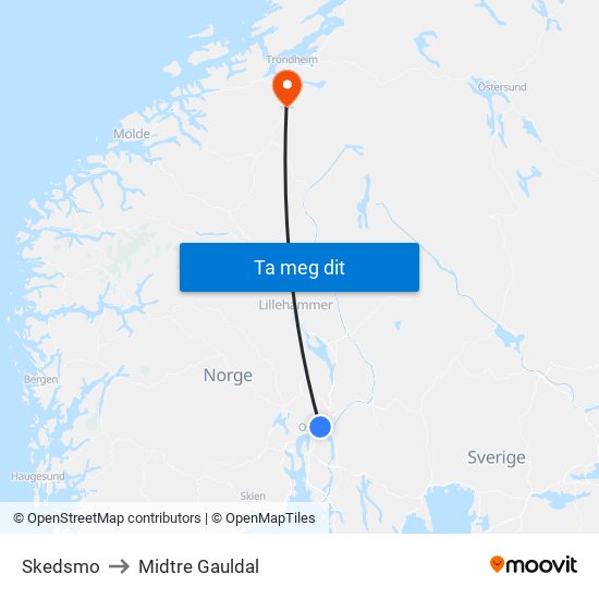 Skedsmo to Midtre Gauldal map