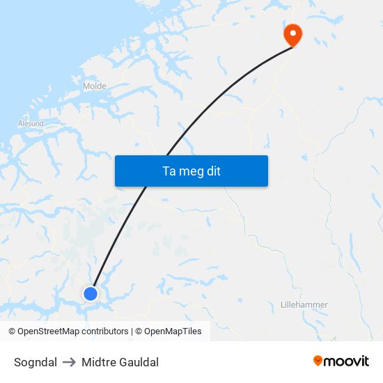 Sogndal to Midtre Gauldal map