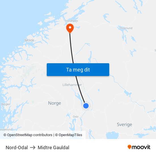 Nord-Odal to Midtre Gauldal map