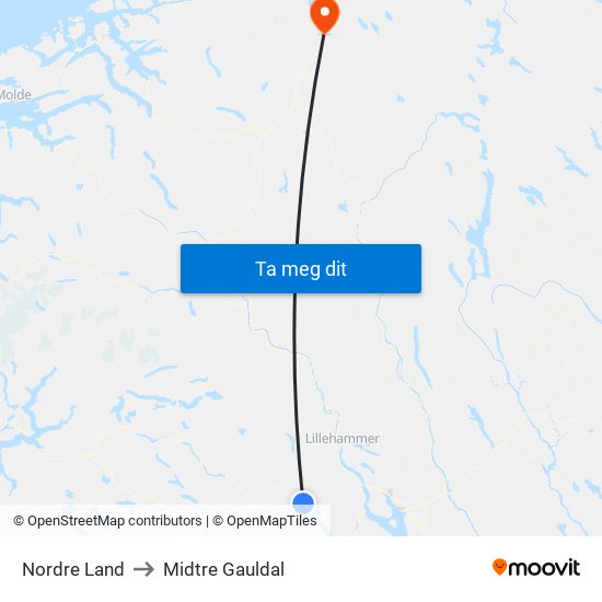 Nordre Land to Midtre Gauldal map