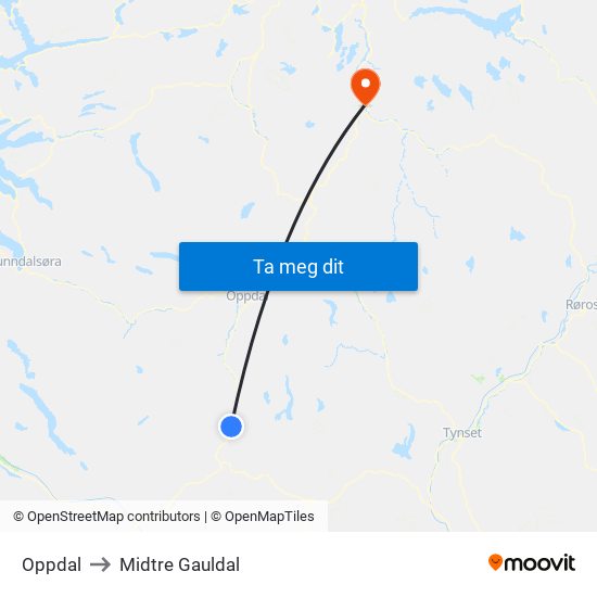 Oppdal to Midtre Gauldal map