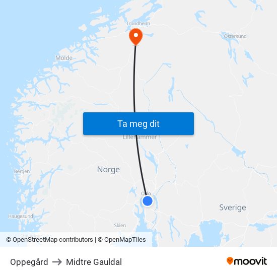 Oppegård to Midtre Gauldal map