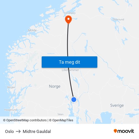 Oslo to Midtre Gauldal map