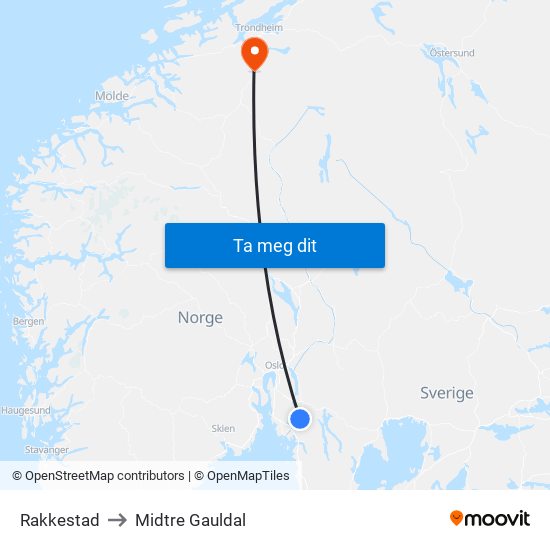 Rakkestad to Midtre Gauldal map