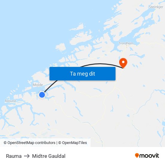 Rauma to Midtre Gauldal map