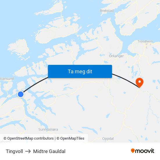Tingvoll to Midtre Gauldal map