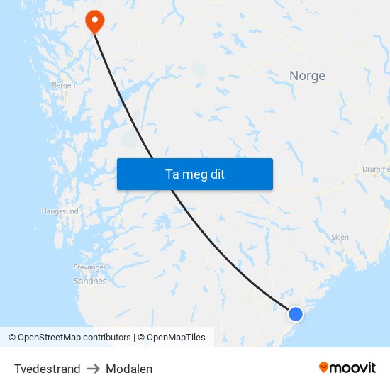 Tvedestrand to Modalen map