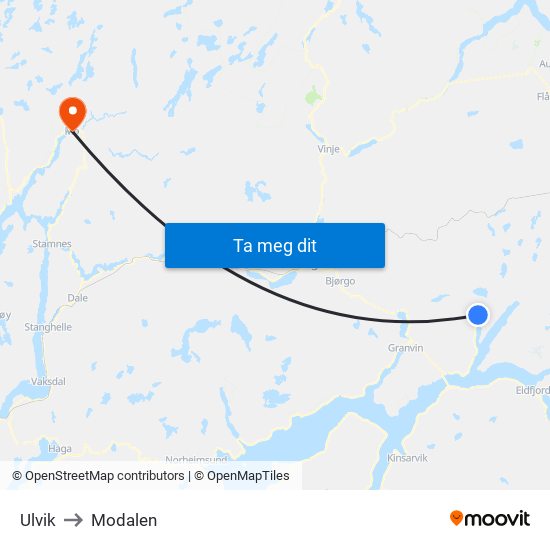 Ulvik to Modalen map