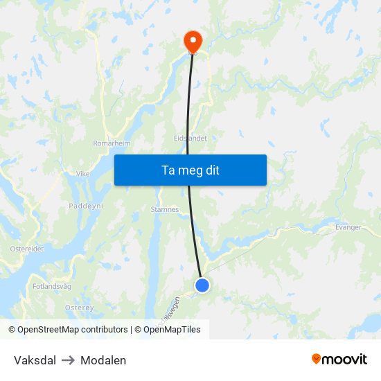 Vaksdal to Modalen map