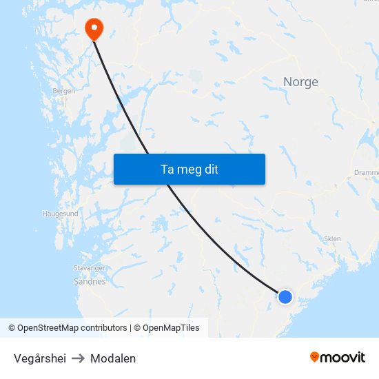 Vegårshei to Modalen map