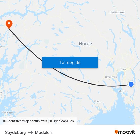 Spydeberg to Modalen map