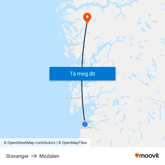 Stavanger to Modalen map