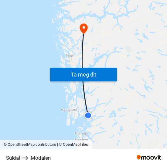 Suldal to Modalen map