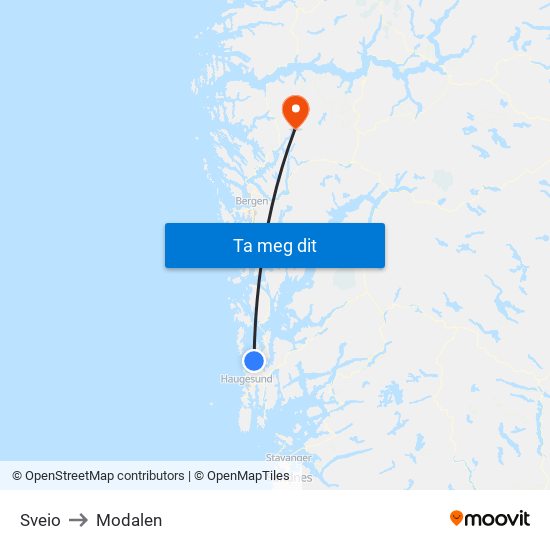 Sveio to Modalen map