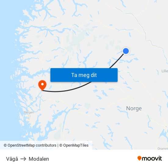 Vågå to Modalen map