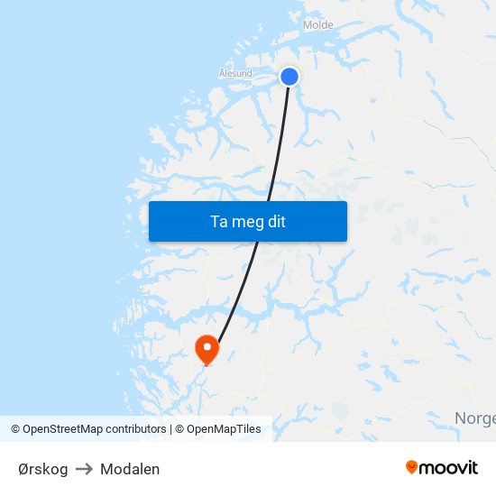 Ørskog to Modalen map