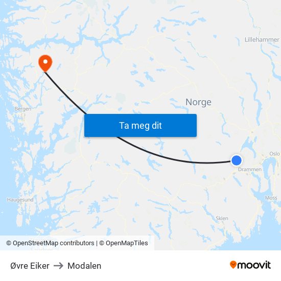 Øvre Eiker to Modalen map