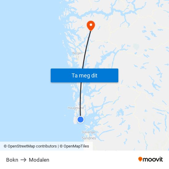 Bokn to Modalen map