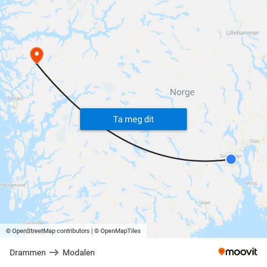 Drammen to Modalen map