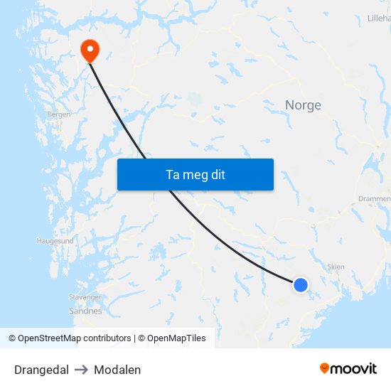 Drangedal to Modalen map