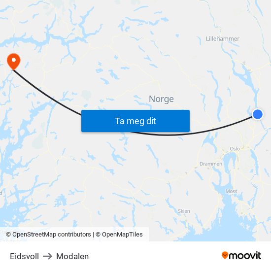 Eidsvoll to Modalen map