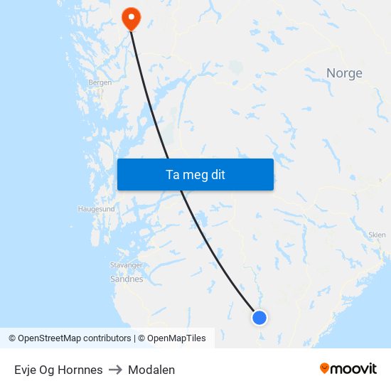 Evje Og Hornnes to Modalen map