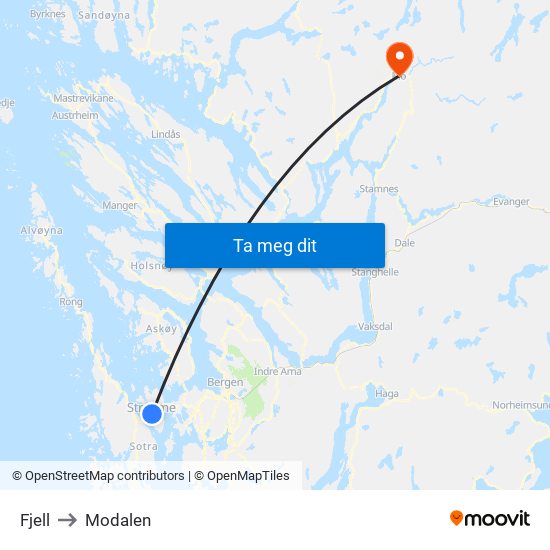 Fjell to Modalen map