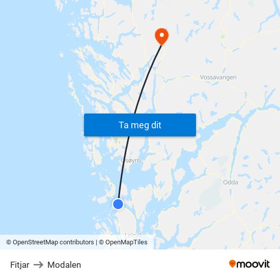 Fitjar to Modalen map