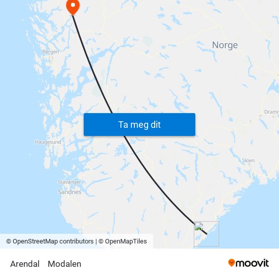 Arendal to Modalen map