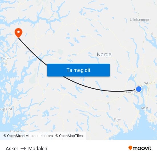 Asker to Modalen map
