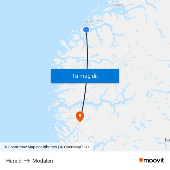 Hareid to Modalen map