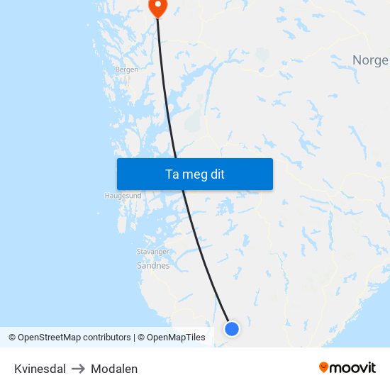 Kvinesdal to Modalen map