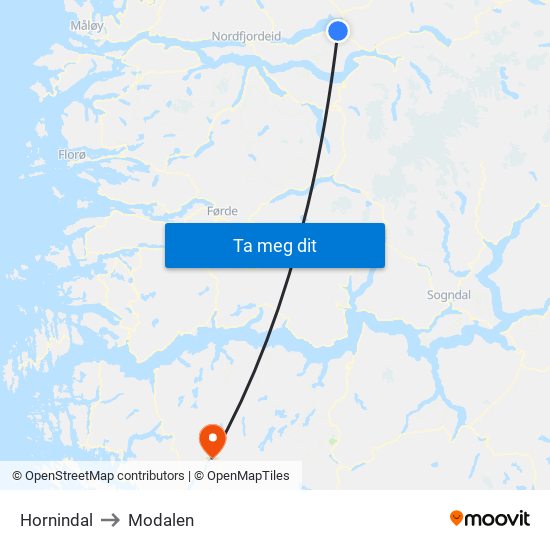 Hornindal to Modalen map