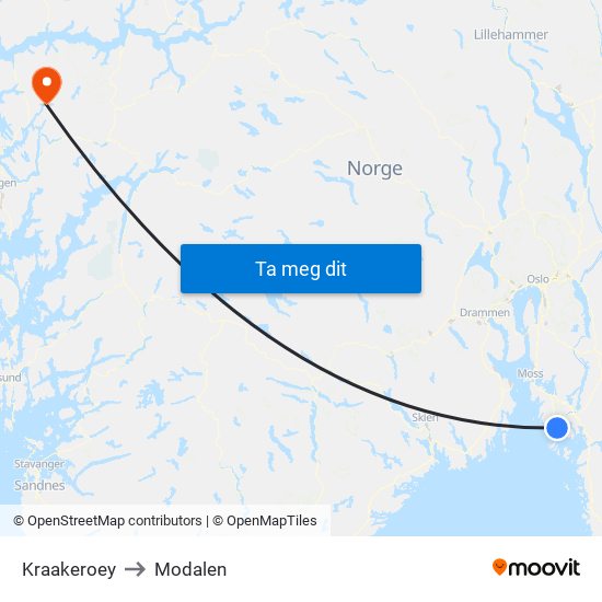 Kraakeroey to Modalen map