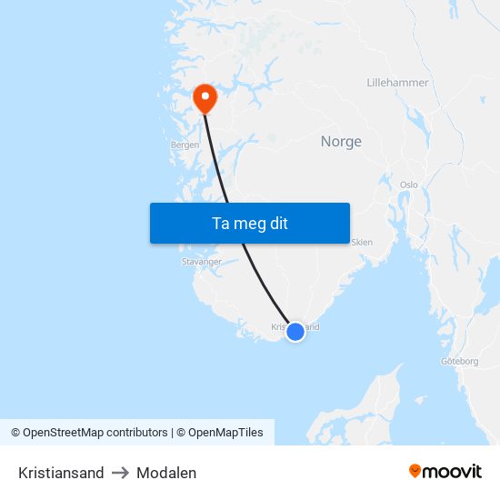 Kristiansand to Modalen map