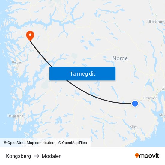 Kongsberg to Modalen map