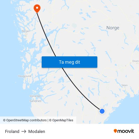 Froland to Modalen map